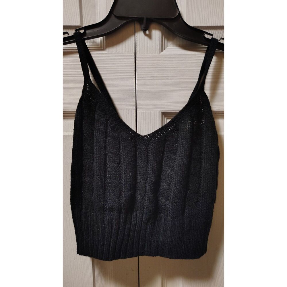 SHEIN Y2K Black Cable Knit Cami Crop Top V-Neck Strappy‎ Sweater Tank Size 4